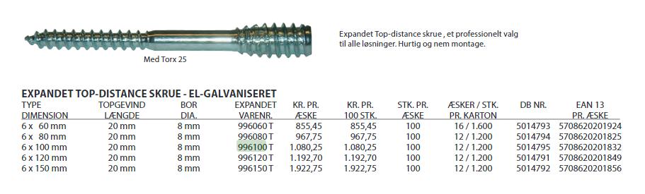 EXP Top-Distance skrue 6x100 mm TX25 PK med 100 stk.